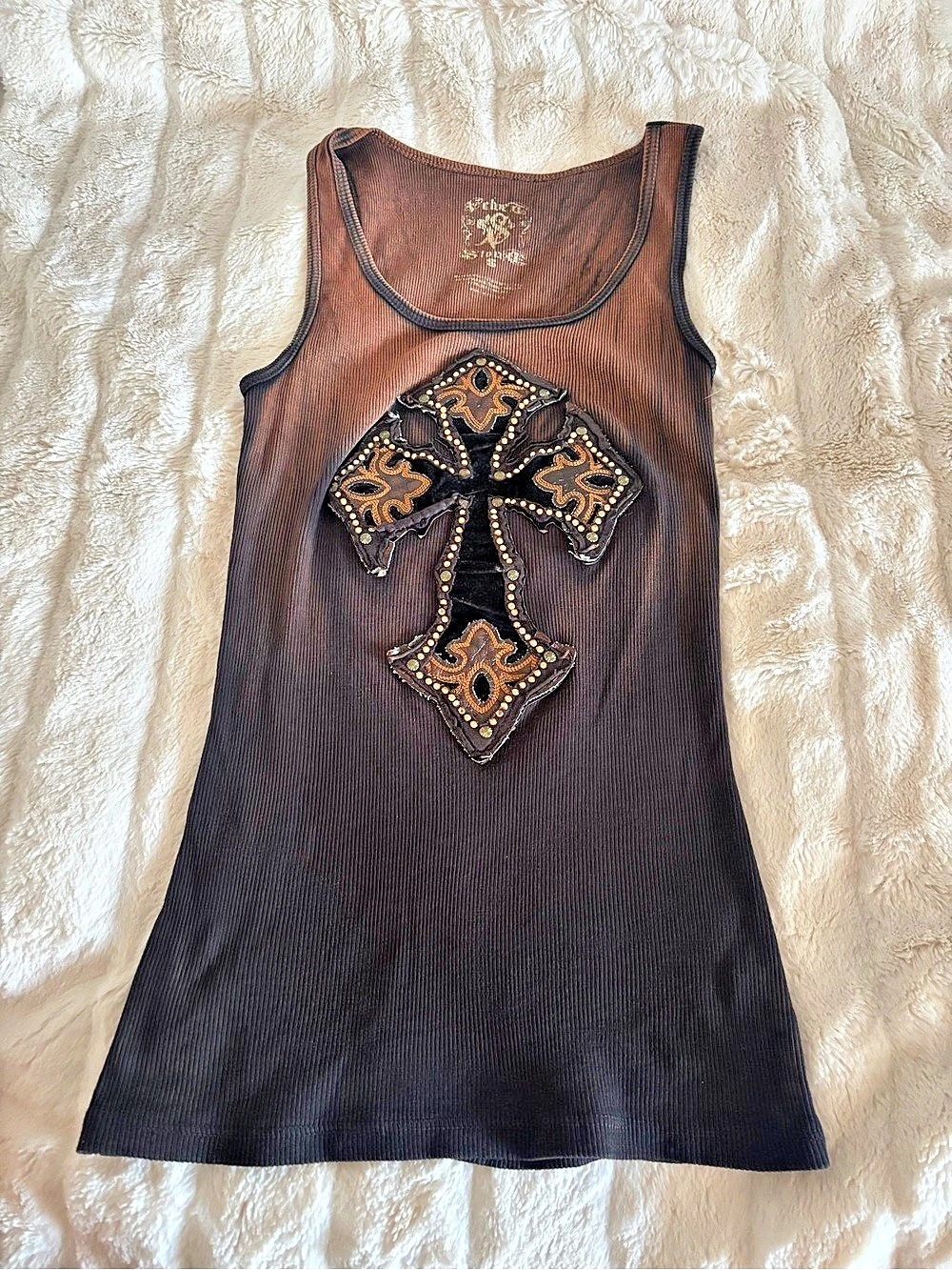 Velvet Stone Embellished Cross Tank Top in Black & Brown